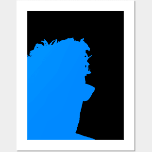 Silhouetted guy with glasses looking right and turning blue. Posters and Art